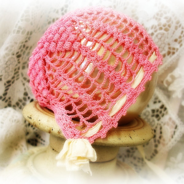 darling vintage crochet doll bonnet . delectable bubble gum pink with satin ribbon rosettes and ties