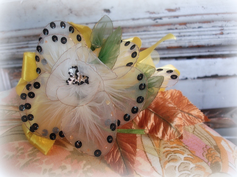 vintage net corsage net flower handmade floral posy corsage circa 1950s white net black sequins yellow ribbon