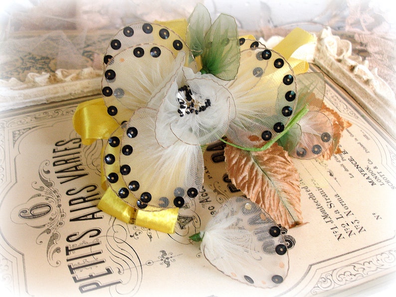 vintage net corsage net flower handmade floral posy corsage circa 1950s white net black sequins yellow ribbon