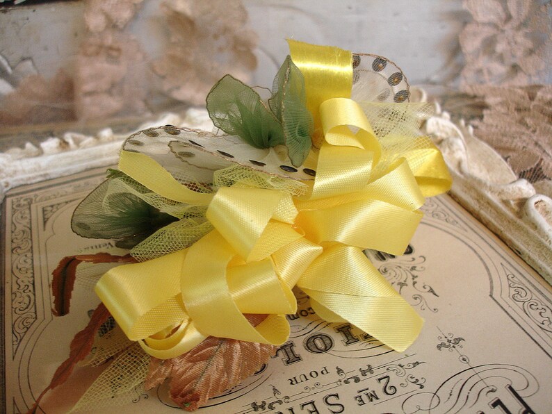 vintage net corsage net flower handmade floral posy corsage circa 1950s white net black sequins yellow ribbon