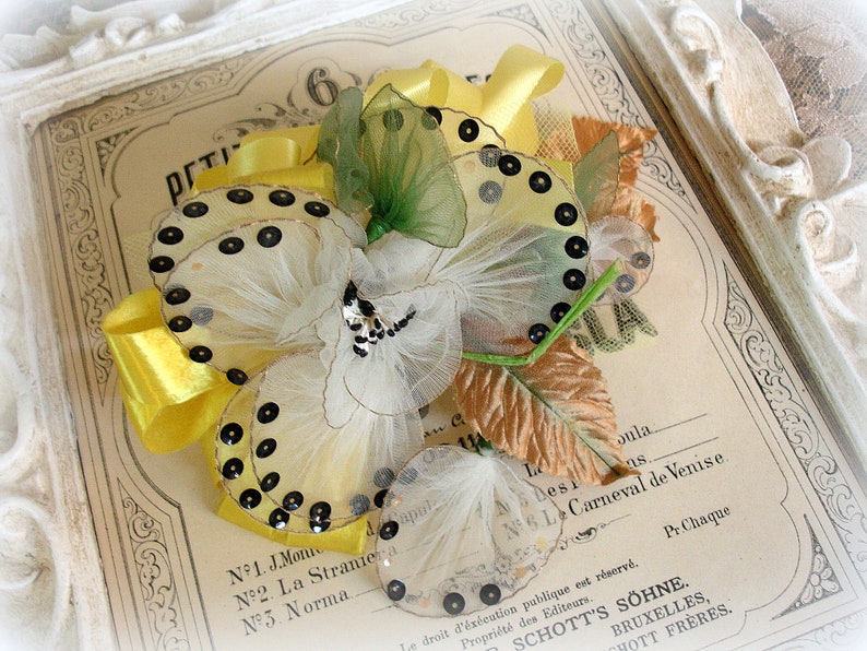 vintage net corsage net flower handmade floral posy corsage circa 1950s white net black sequins yellow ribbon