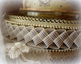 victorian style loop braided ribbon trim 17" x 1" wide braided by hand two tone gray with cream stripe woven edge ribbon ribbon frippery