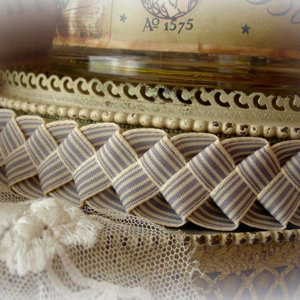 victorian style loop braided ribbon trim 17" x 1" wide braided by hand two tone gray with cream stripe woven edge ribbon ribbon frippery