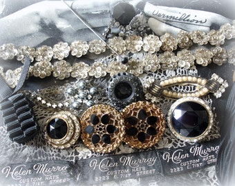 shades of black vintage and antique trims and finds beaded appliques sequin trim glass and rhinestone buttons jet hat pin woven labels