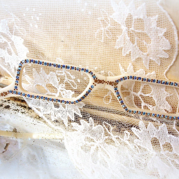 vintage collectible rhinestone tura folding lorgnette + leather case ivory plastic frames tiny blue rhinestones lenses missing