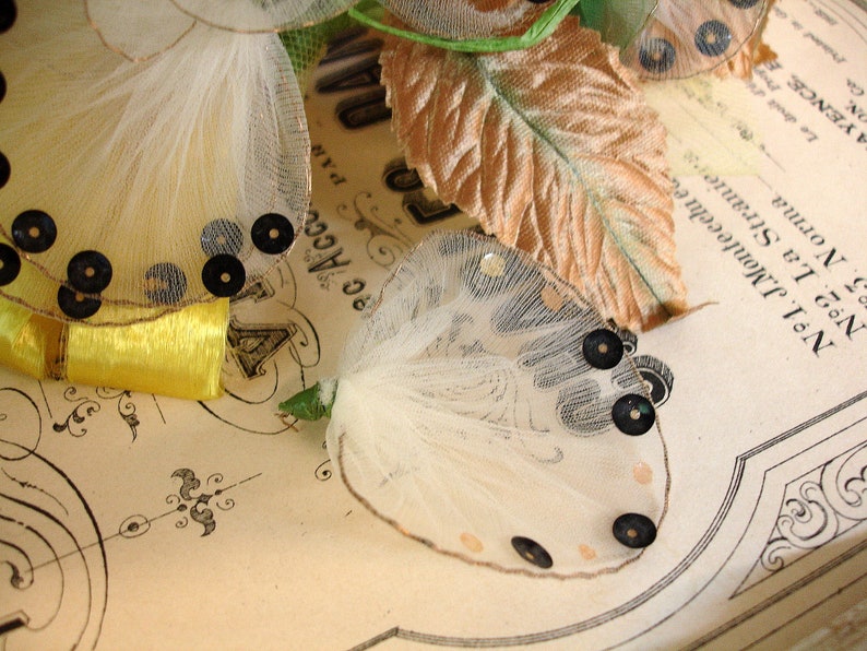 vintage net corsage net flower handmade floral posy corsage circa 1950s white net black sequins yellow ribbon