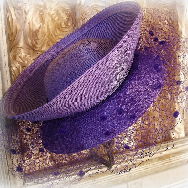 eXquisite vintage derby hat Jody G for Sylvia of St. Louis unusual style chic purple straw with matching chenille dot millinery net