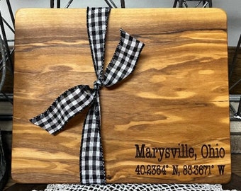 Olive Wood Cutting Board, Zip Code->Latitude/Longitude Cutting Board, Personalized Cheese Board, First Home, Wedding, Shower Gift