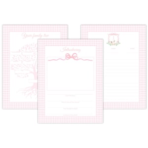 May include: Three pink and white gingham baby memory pages. One page says "Your family tree" with a tree graphic. Another says "Introducing" with a bow graphic. The third page has a baby graphic.