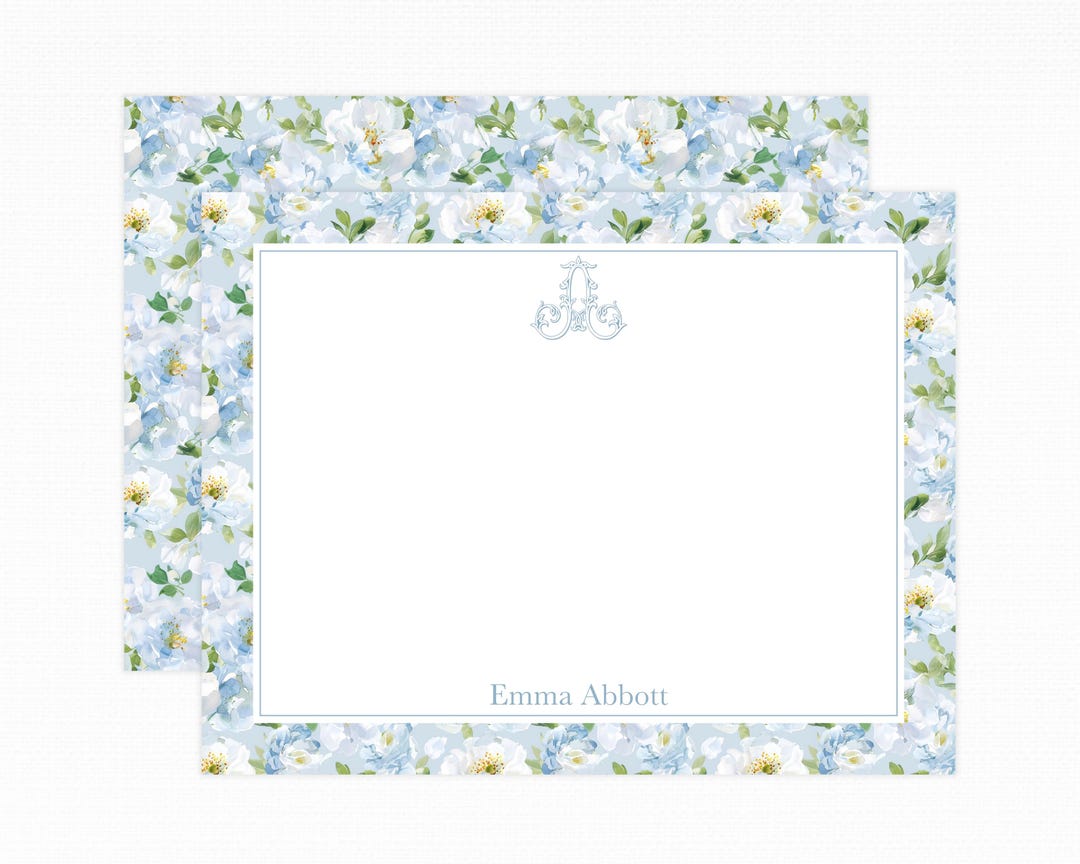 Personalized Floral Note Cards | Blue Monogrammed Stationery Set With ...