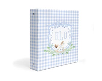 Personalized Baby Memory Book Binder – Blue Gingham Rocking Horse Crest Keepsake Album for Milestones, Photos & First Year Memories