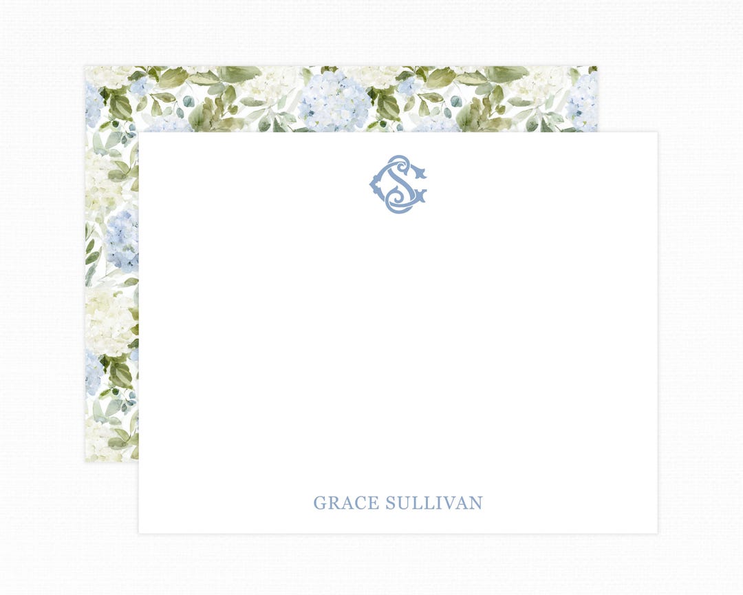 Personalized Hydrangea Note Cards – Blue and Cream Floral Monogram ...