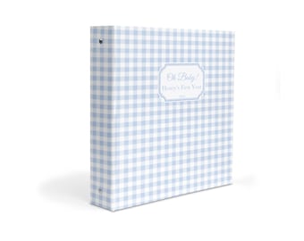 Personalized Baby Memory Book Binder – Blue Gingham Keepsake Album for Milestones, Photos & First Year Memories | Great Baby Boy Shower Gift