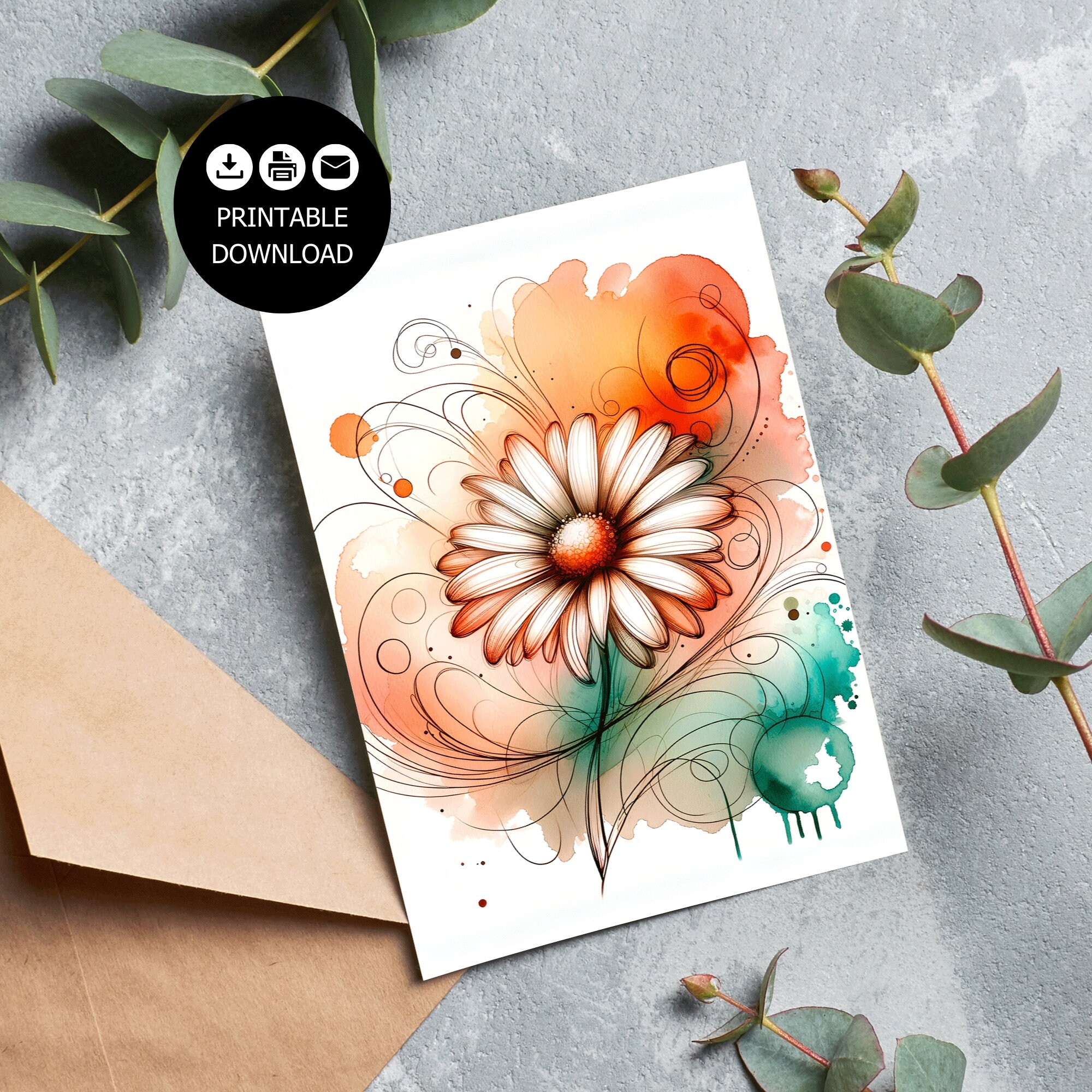 Watercolor Flower Card Printable Flower Thank You Card Happy Birthday ...