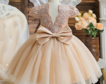 Jolie robe de fête pour le 1er anniversaire des petites filles avec un noeud - Robe courte princesse en tulle et dentelle pour bouquetières pour mariages