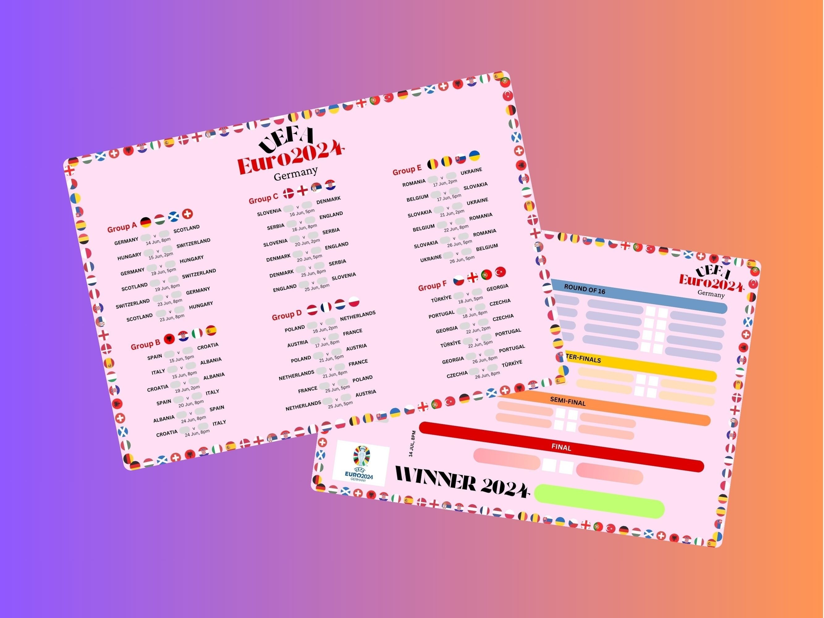 Euro 2024 Fixtures and Times, Euro 2024 Chart, Football Wallchart, UEFA