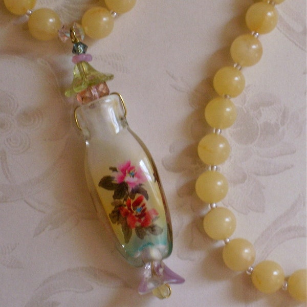 Yellow Jade Beaded Necklace - Love Potion Number Four, Vintage Style Pendant, Antique Jewelry