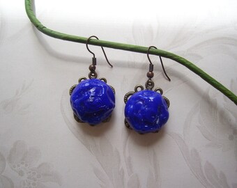 The Midnight Peacock Earrings, Vintage Glass Dangle Earrings, Dark Blue Jewelry