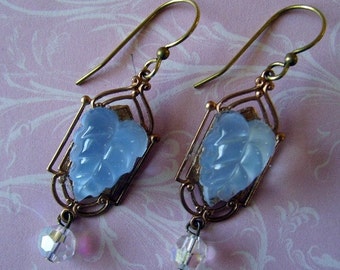 Cinderella Dangle Earrings, Large Statement Earrings, Blue Glass Cabochon Earrings