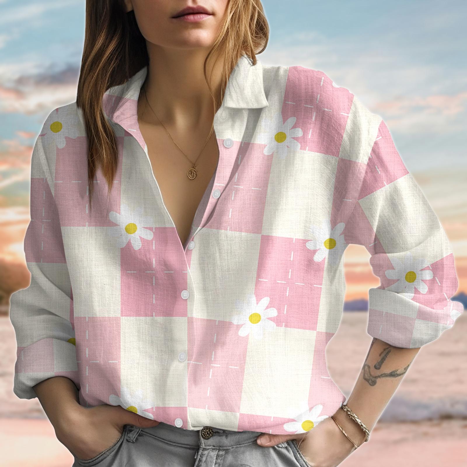 Discover Gingham Daisy Blouse Shirt, Spring Picnic Linen-Look Shirt, Cute Cottagecore Floral Summer Shirt, Women Shirt, Gift For Her
