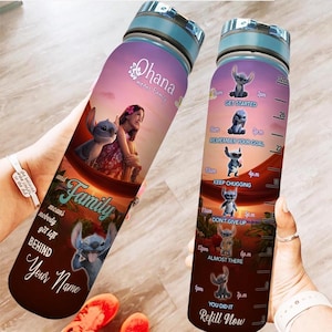 Custom Stitch Movie 32oz Water Bottle, Lilo And Stitch Water Bottle Tracker, Disney Cartoon Drink Bottle, Ohana Means Family Bottle