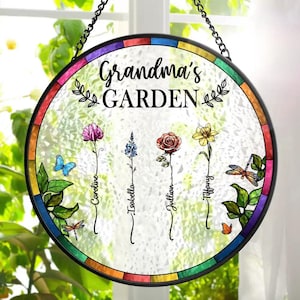 Aangepaste geboortebloem oma&#39;s tuin glas in lood raam opknoping Suncatcher, Mom&#39;s Garden Suncatcher, Moederdag cadeau voor oma