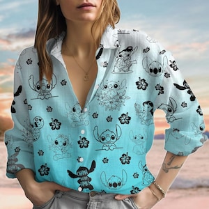 Lilo And Stitch Linen Shirt, Disney Blouse Women Shirt, Magic Kingdom Long Sleeve Shirt, Cute Stitch Casual Shirt, Gifts For Her