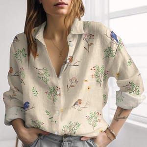 Birds Garden Linen-Look Shirt, Flowers Blouses Shirt, Nature Love Casual Shirt, Vintage Women Shirt, Plant Summer Shirt, Gift For Her