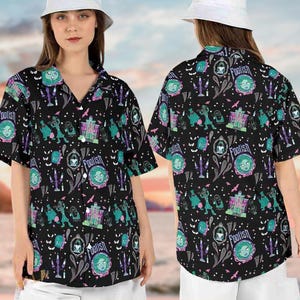 Chemise hawaïenne du manoir hanté, chemise boutonnée de film d&#39;horreur Disney, chemise Hawaï fantômes faisant de l&#39;auto-stop, chemise de mortels idiots, cadeau d&#39;Halloween