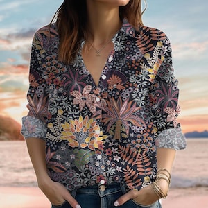 Flowers Retro Linen-Look Shirt, Botanical Blouse Shirt, Floral Flowers Women Shirt, Gardening Casual Shirt For Summer, Nature Love Gift