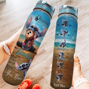 Custom Stitch Ohana Means Family 32oz Water Bottle, Lilo And Stitch Water Tracker Bottle, Disney Bottle, Stitch Movie Gifts For Her Him