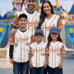 Personalized Woody Toy Story Striped Baseball Jersey Shirt, Disney Matching Family Baseball Shirt, Cartoon Baseball Team, Baseball Gift