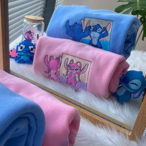 Funny Stitch And Angel Embroidered Sweatshirt, Disney Cartoon Embroidery Hoodie, Disneyworld Shirt, Disneyland Shirt, Couple Gifts
