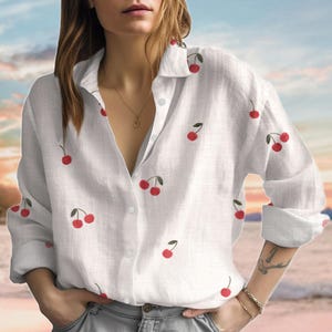 Cherry Linen-Look Shirt, Nature Lover Women Shirt, Vintage Botanical Women Blouse Tops, Cute Fruit Casual Shirt, Gifts For Her