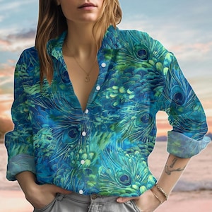 Peacock Feather Linen-Look Shirt, Boho Style Women Blouses, Peacock Love Casual Shirt, Spring Birds Shirt, Summer Button Shirt For Her