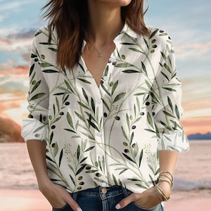 Olive Branch Blouse Shirt, Vintage Nature Women Shirt, Mediterranean Aesthetic Shirt, Retro Linen-Look Shirt, Summer Shirt Gift For Her