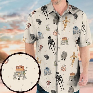 Star Wars Robots Button Shirt, Star Wars Movie Hawaiian Shirt, Disney Summer Shirt, Galaxy&#39;s Edge Shirt, Magic Kingdom Tropical Shirt