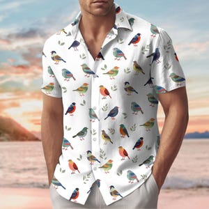 Camisa con botones de pájaro colorido, camisa hawaiana con pájaro, camisa con animales, camisa hawaiana de playa para verano, camisa para amantes de las aves, camisa de vacaciones tropicales