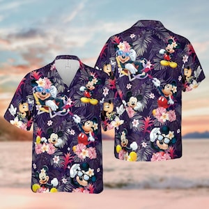 Camisa hawaiana de Mickey Mouse de Disney, camisa con botones de Mickey, camisa hawaiana de playa de verano con dibujos animados, camisa de vacaciones familiares de Mickey y sus amigos