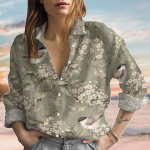 Birds Flowers Bows Linen-Look Shirt, Botanical Blouses Tops, Vintage Garden Women Shirt, Nature Love Casual Shirt, Summer Gift For Her