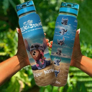 Custom Stitch 32oz Water Bottle, Lilo And Stitch Hold On To Your Coconuts Water Tracker Bottle, Disney Bottle,Stitch Movie Gift For Her