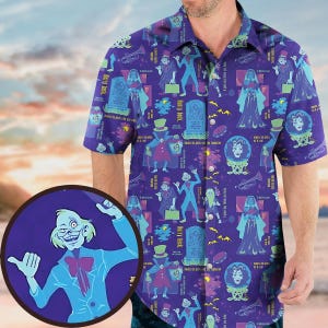 Chemise boutonnée manoir hanté, chemise fantômes faisant de l&#39;auto-stop, chemise hawaïenne horreur, chemise Halloween Trick or Treat, cadeau film pour lui et elle