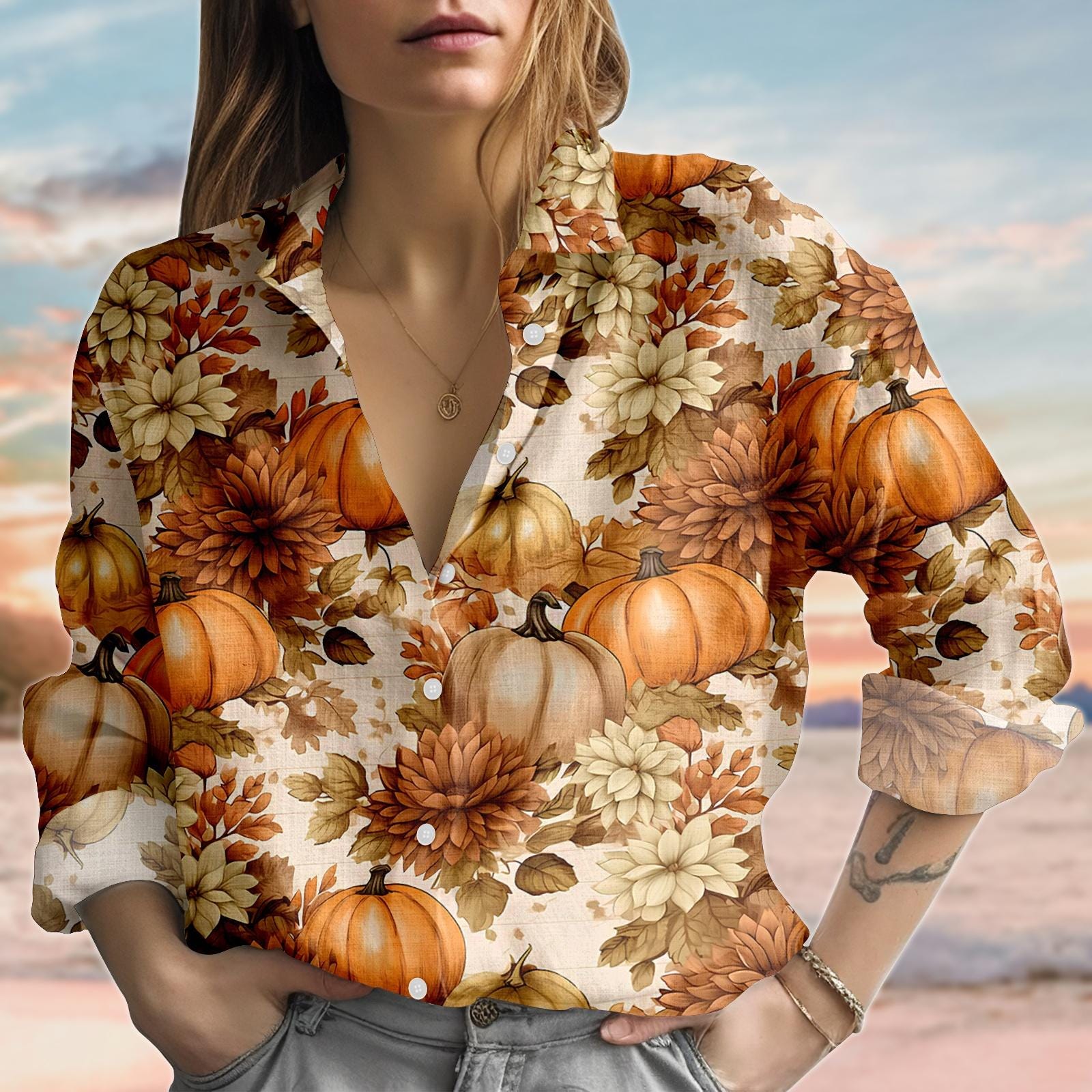 Discover Fall Pumpkin Floral Linen-Look Shirt, Autumn Harvest Women Shirt, Retro Leaves Blouse Shirt, Women Shirt, Halloween Outfit Gift For Her