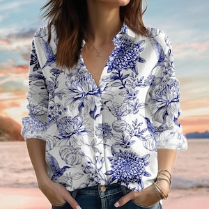 Vintage Blue Floral Linen-Look Shirt, Navy Botanical Women Blouses, Cottagecore Garden Casual Shirt, Flowers Love Shirt, Gift For Her