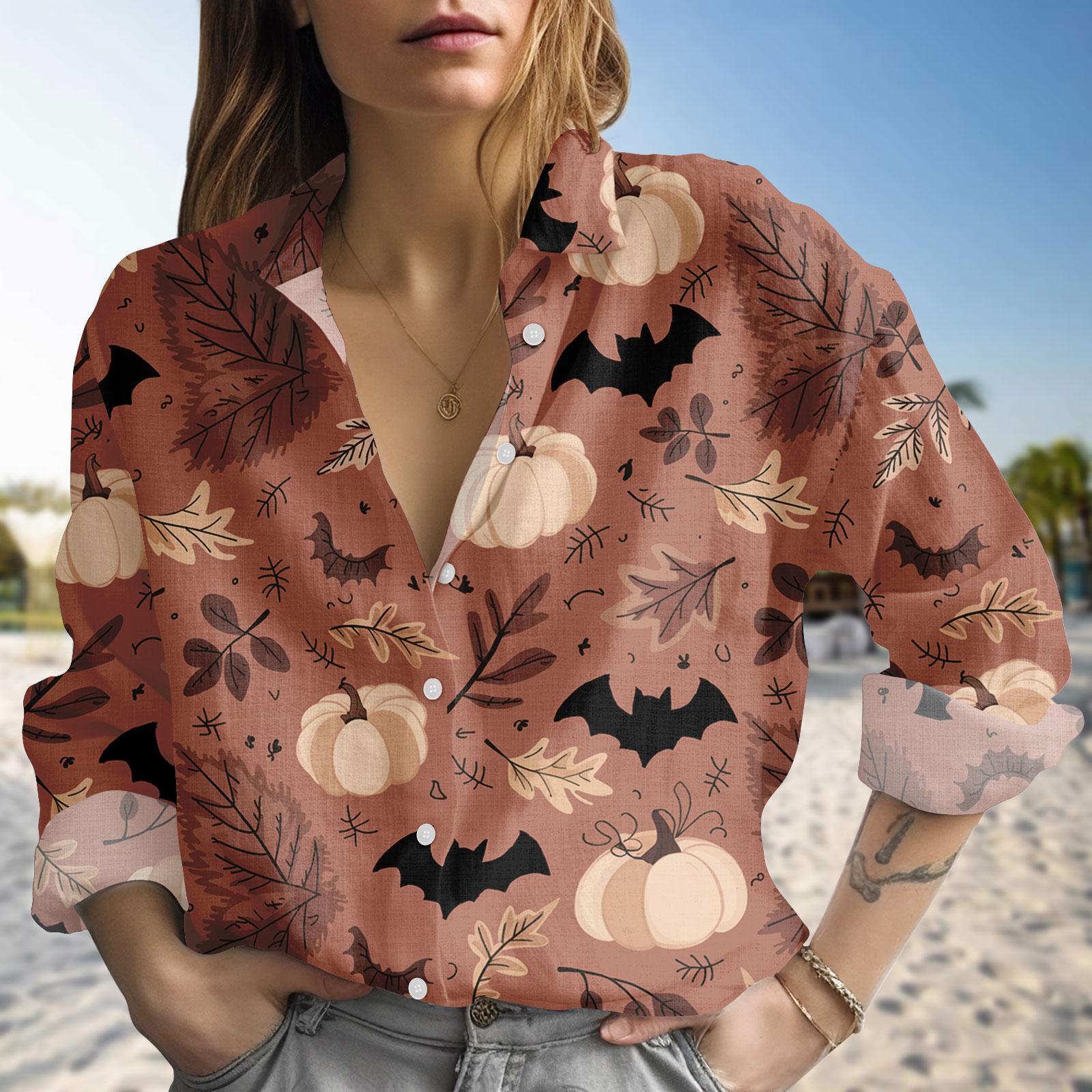 Discover Bat Pumpkin Linen-Look Shirt, Halloween Women Shirt, Cute Spooky Fall Casual Shirt, Witchy Autumn Blouse Shirt, Halloween Gift For Her
