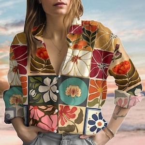 Boho Floral Linen-Look Shirt, Colorful Flower Women Shirt, Vintage Aesthetic Long Sleeve Shirt, Spring Summer Casual Shirt, Gift For He