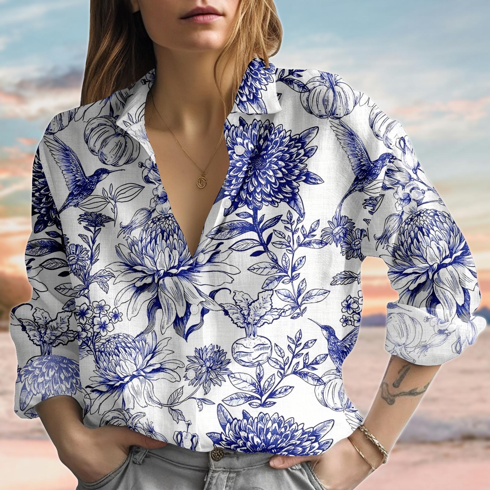 Discover Vintage Floral Linen-Look Shirt, Botanical Women Blouses Shirt, Cottagecore Garden Casual Shirt, Flowers Love Shirt, Gift For Her