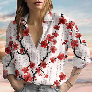 Cherry Blossom Linen-Look Shirt, Sakura Flower Women Shirt, Japanese Blouse Top, Cherry Blossom Shirt, Summer Shirt, Gifts For Her