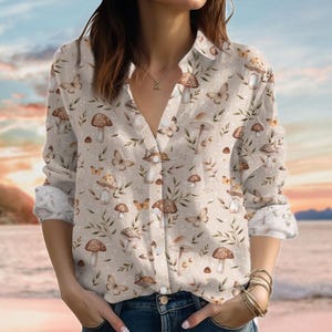 Vintage Pilz Goblincore Leinen-Look Shirt, Natur Shirt, Garten Bluse Frauen Shirt, Pilz Sammler Bluse Shirt, Geschenk für Sie