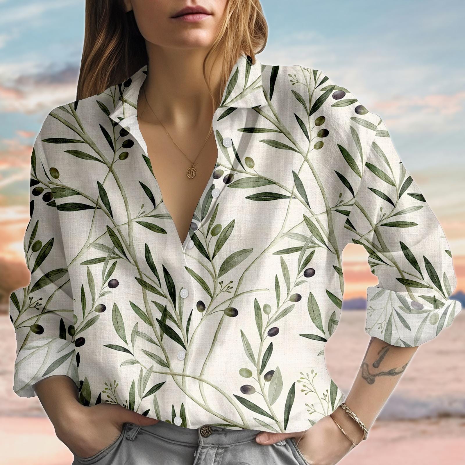 Discover Olive Branch Blouse Shirt, Vintage Nature Women Shirt, Mediterranean Aesthetic Shirt, Retro Linen-Look Shirt, Summer Shirt Gift For Her